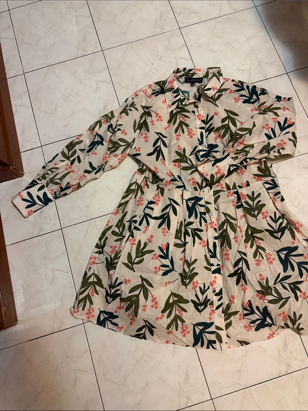 Eloquii Cream Floral Button-Front Kids Dress with Green Leaves and Pink Blooms